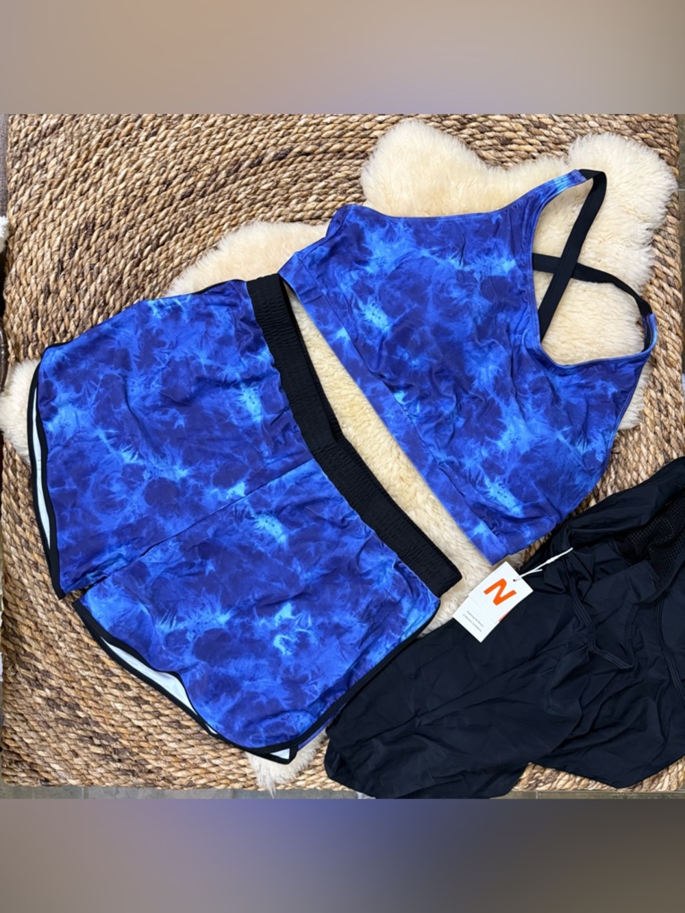 Women’s Blue Tie-Dye One-Piece Swim Set with Black Accents